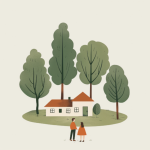 Couple looking at a house, four trees in the background